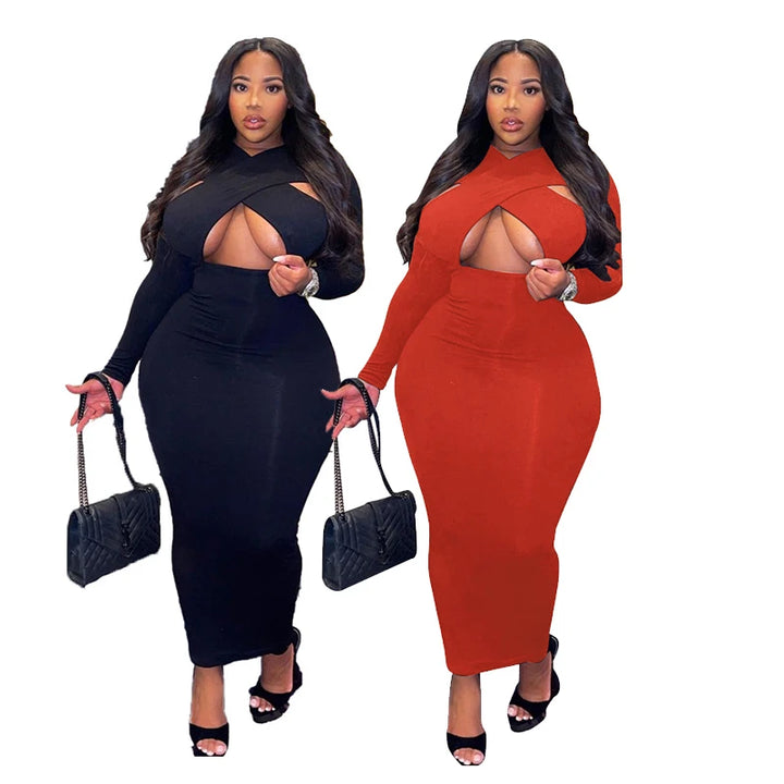 Plus Size Irregular Neck Clube Sexy Dress Bodycon Party Long Sleeve Midi Dress - Divawearfashion