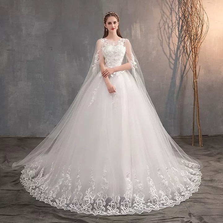 Long Cap Lace Wedding Gown with Long Embroidery Train - Divawearfashion