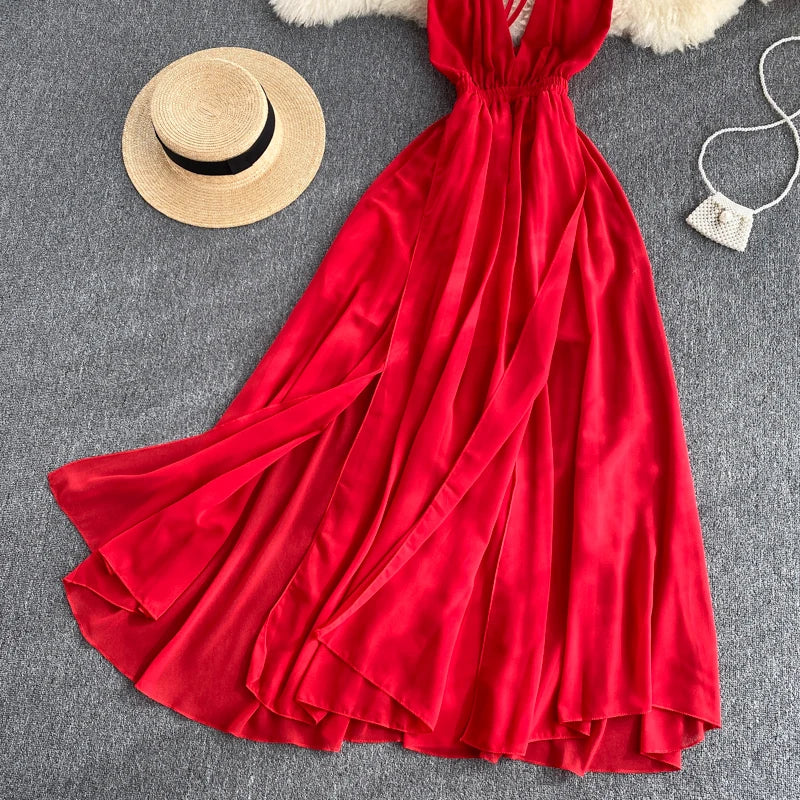 V Neck Backless Long Split Casual Summer Dress - Divawearfashion