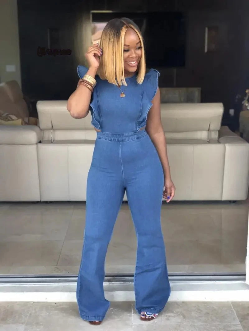 Plus Size Casual Denim Jumpsuits with Butterfly Sleeve - Divawearfashion