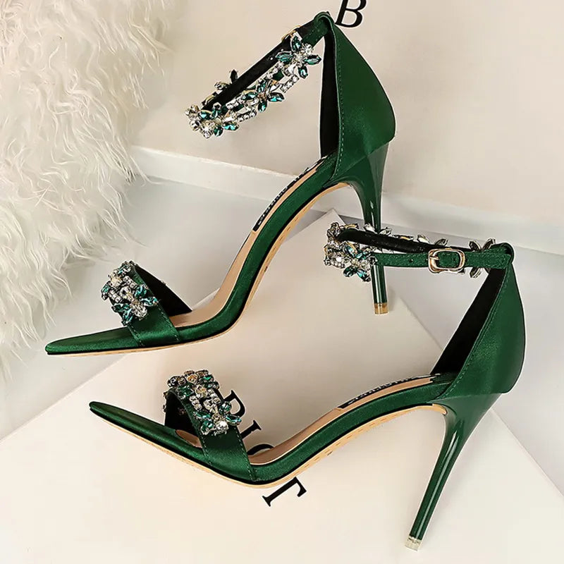 Satin Strap 9cm High Heels Crystal Sandals - Divawearfashion