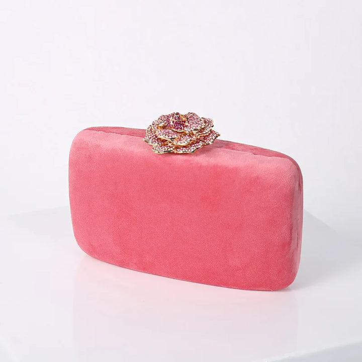 Velvet Clutch with Diamond Flower Lock - Divawearfashion