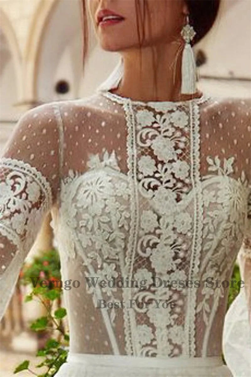 Boho Long Sleeve Puffy Sleeve Dot Tulle Lace Wedding Dresses with Buttons - Divawearfashion