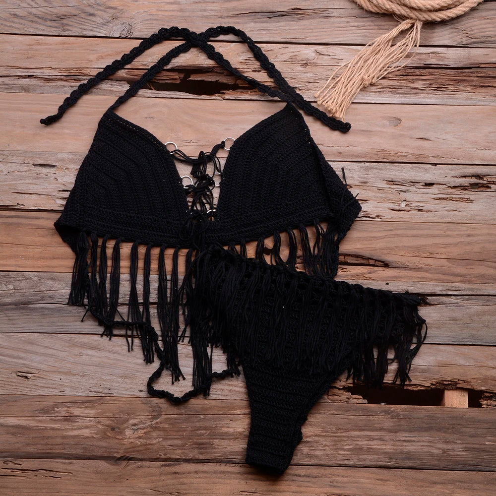 Crochet Knitted Tassel Push Up Bra & Thong Bikini Set - Divawearfashion