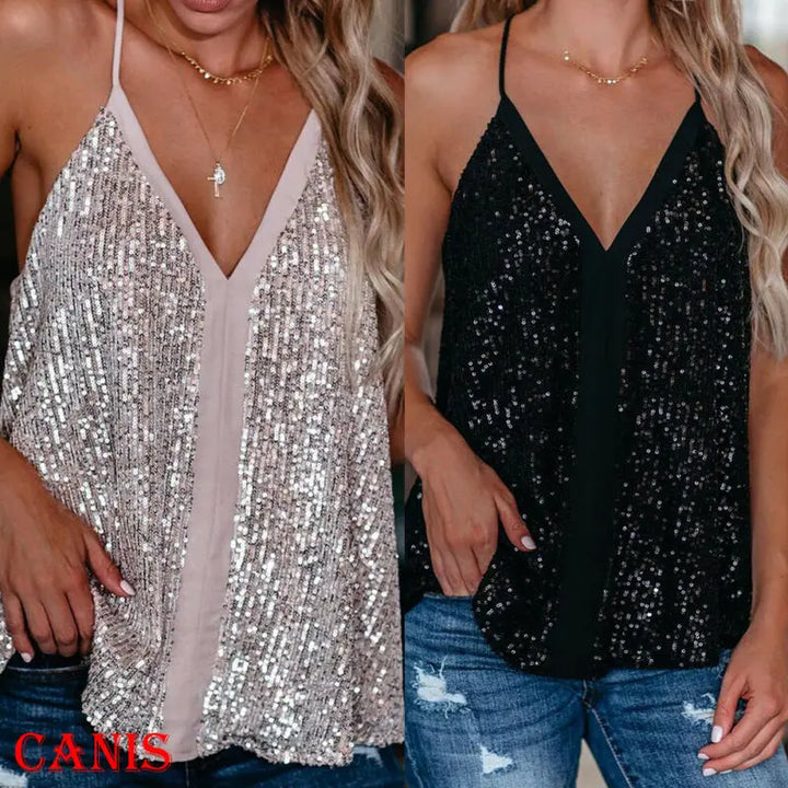 Sparkly Sequins V Neck Cami Top Tank - Divawearfashion