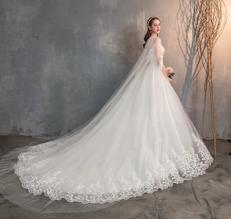 Long Cap Lace Wedding Gown with Long Embroidery Train - Divawearfashion