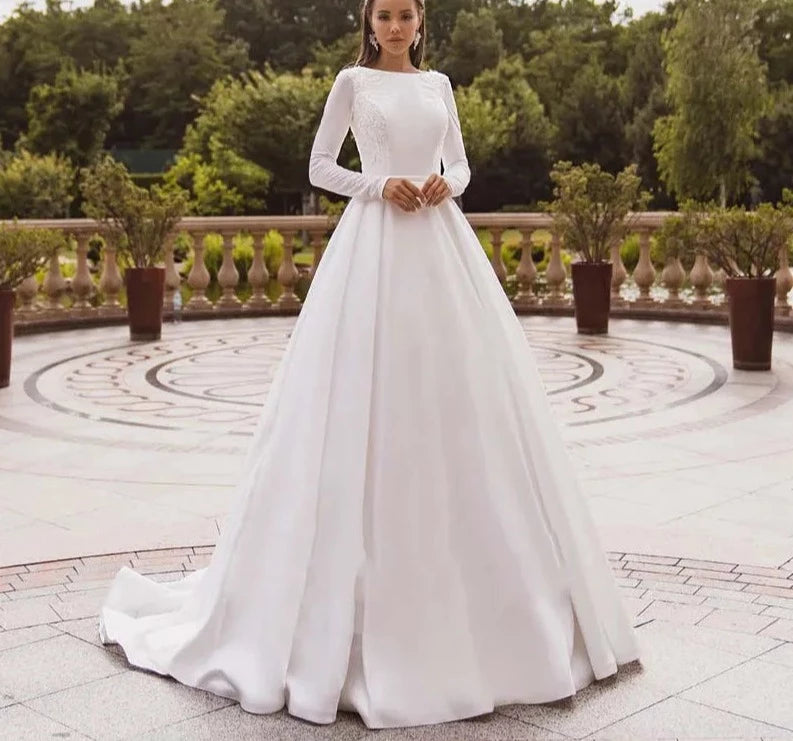Satin Long Sleeve Lace Bride Gown - Divawearfashion