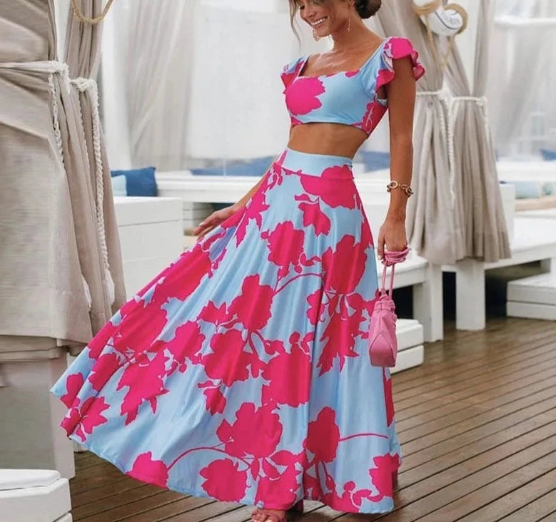 2 PCS Crop Top + High Waist Long Skirt Set - Divawearfashion