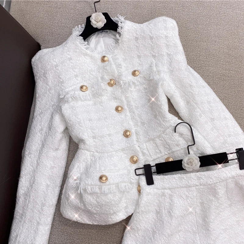 Gold Buttons Tassel Fringed Tweed Jacket Shorts Set - Divawearfashion