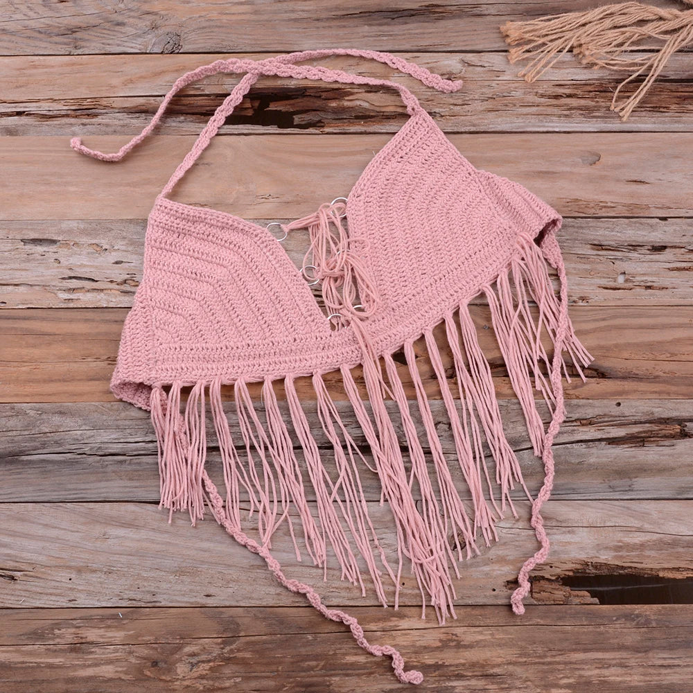 Crochet Knitted Tassel Push Up Bra & Thong Bikini Set - Divawearfashion