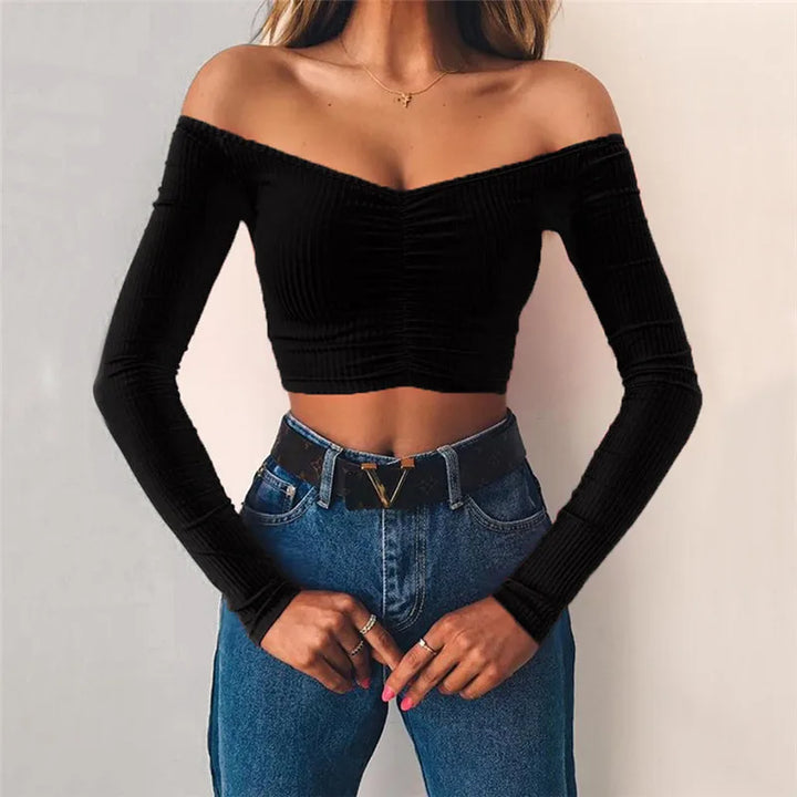 Long Sleeve Off Shoulder Solid Color Crop Top - Divawearfashion