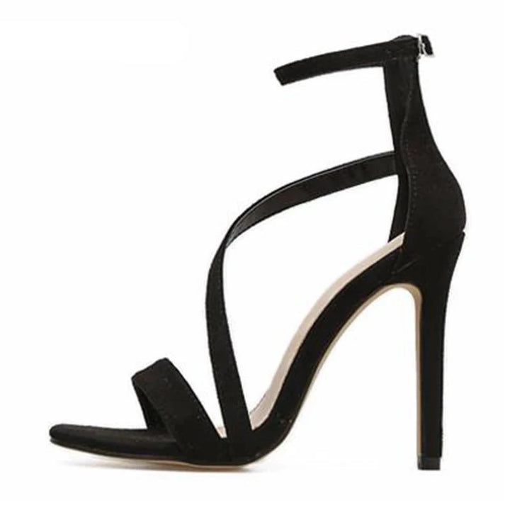 Narrow Band Buckle Thin High Heels Black Faux Suede Open Toe - Divawearfashion