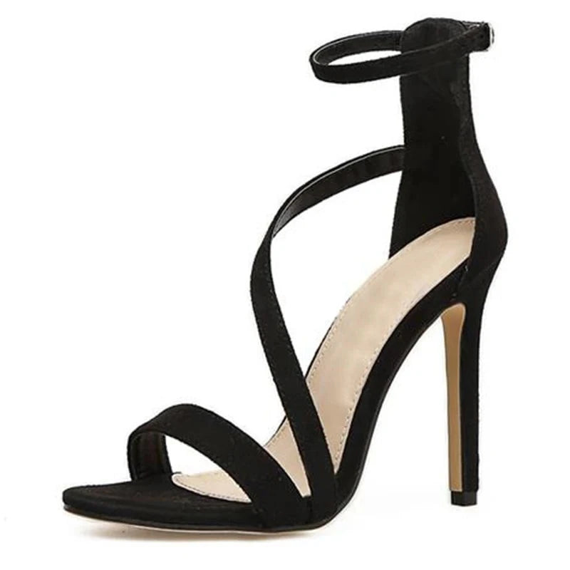 Narrow Band Buckle Thin High Heels Black Faux Suede Open Toe - Divawearfashion