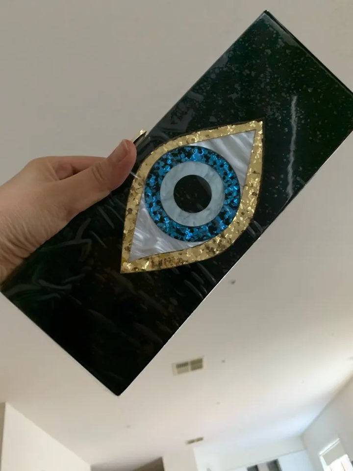 Solid Black Patchwork Glitter Evil Eye Acrylic Clutch - Divawearfashion