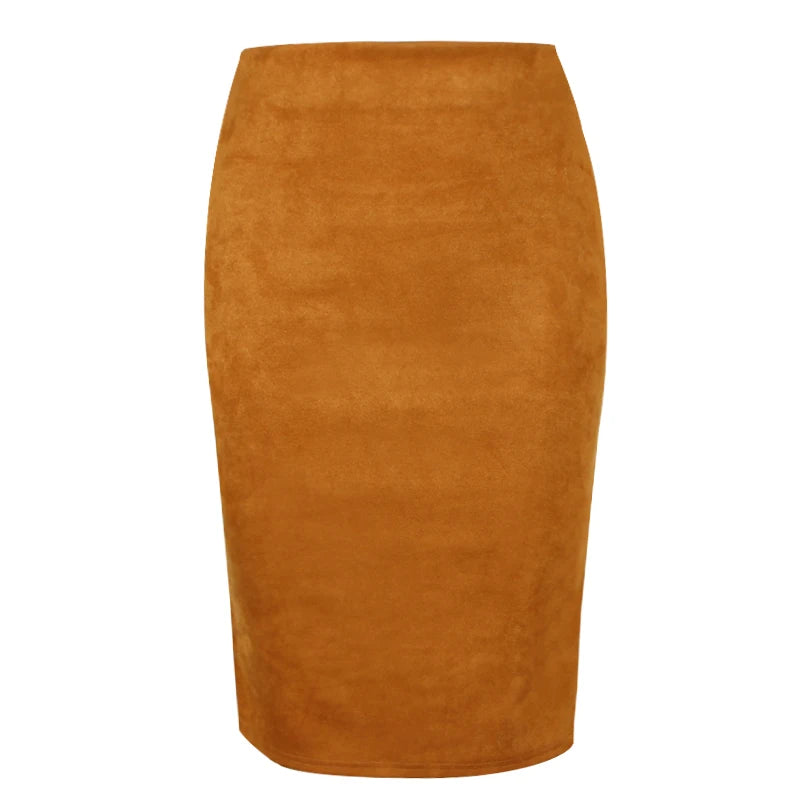 Suede Midi Pencil Skirt with Elastic High Waist