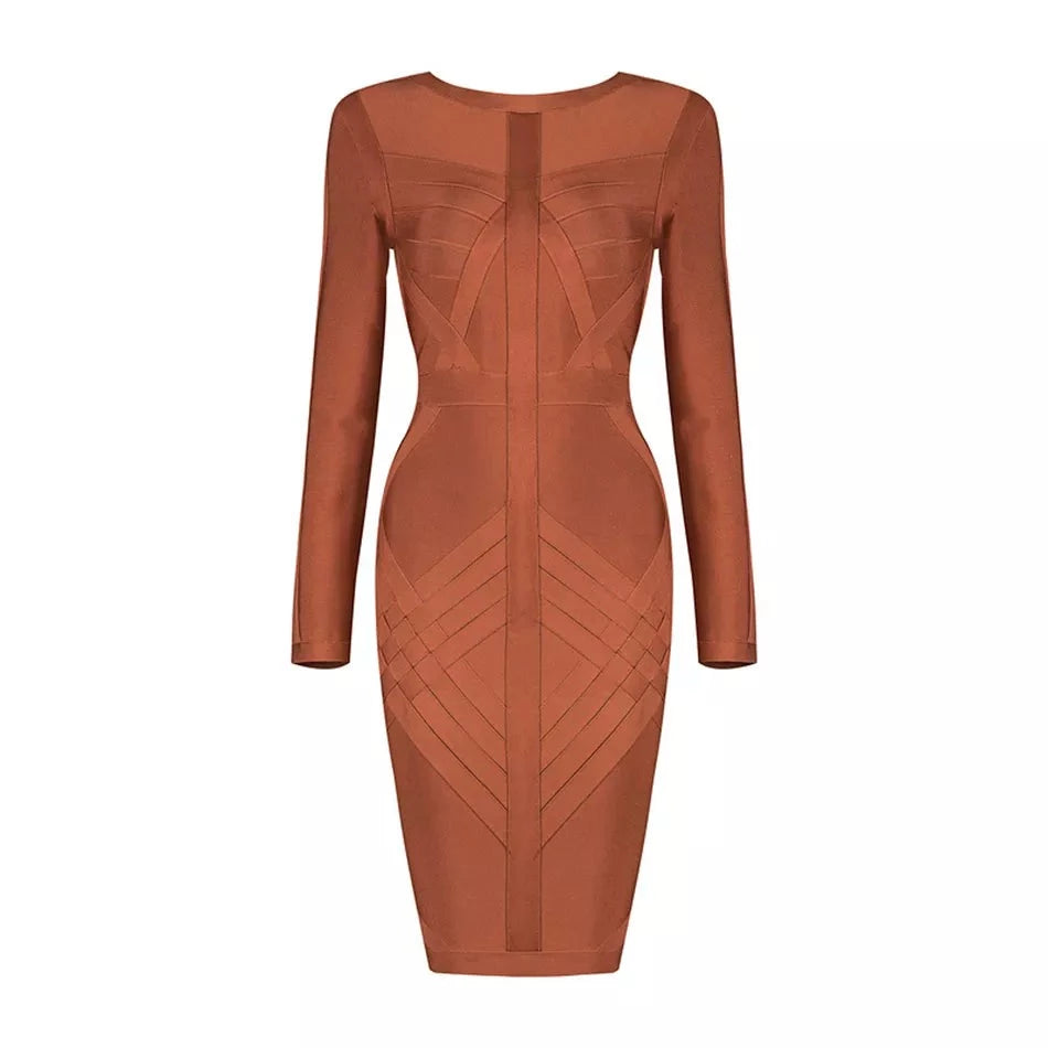 Long Sleeve O Neck Back Zipper Bandage Bodycon Dress - Divawearfashion