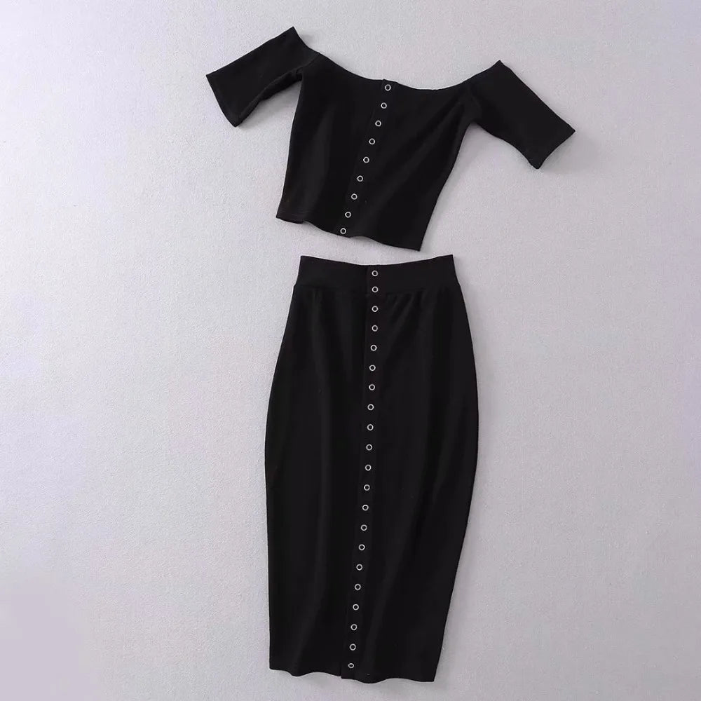 2 PC Knitted Front Button Tight-Fitting Crop Top & Skirt Set - Divawearfashion