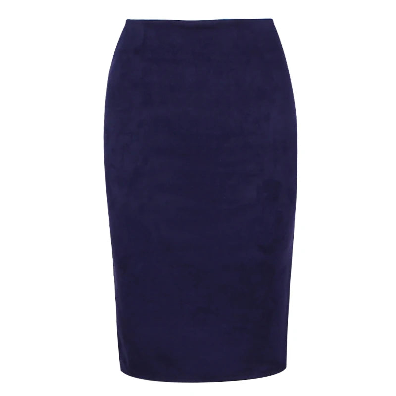 Suede Midi Pencil Skirt with Elastic High Waist