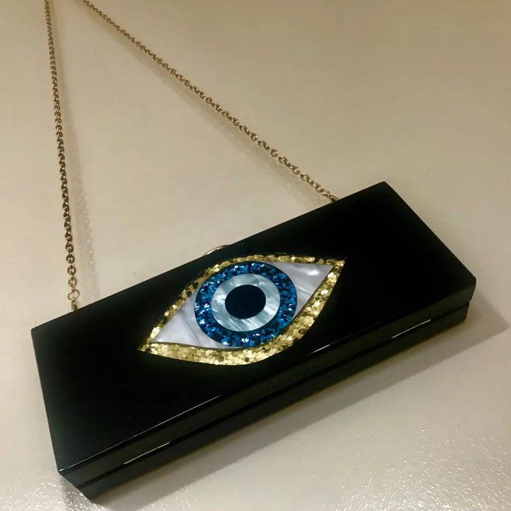 Solid Black Patchwork Glitter Evil Eye Acrylic Clutch - Divawearfashion