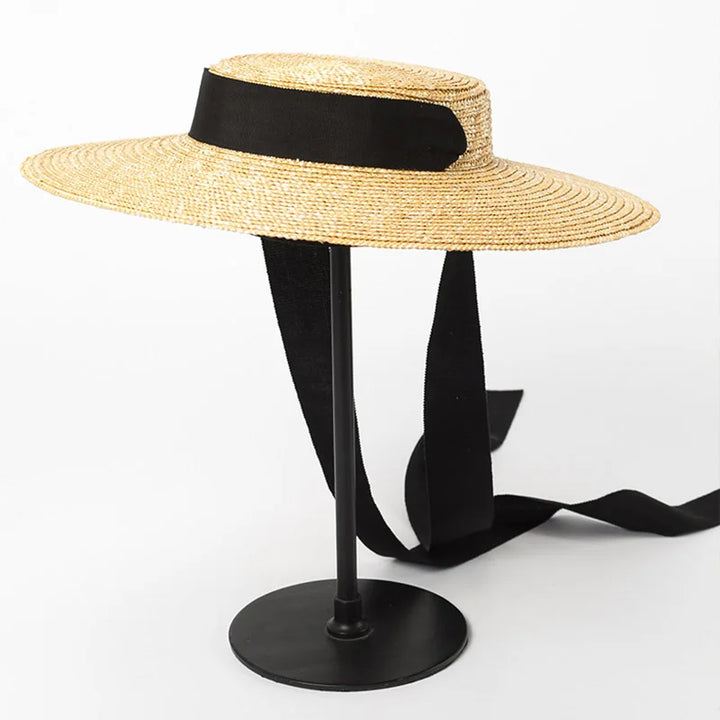 Wide Brim Boater Straw Hat with Tie Black Ribbon - Divawearfashion