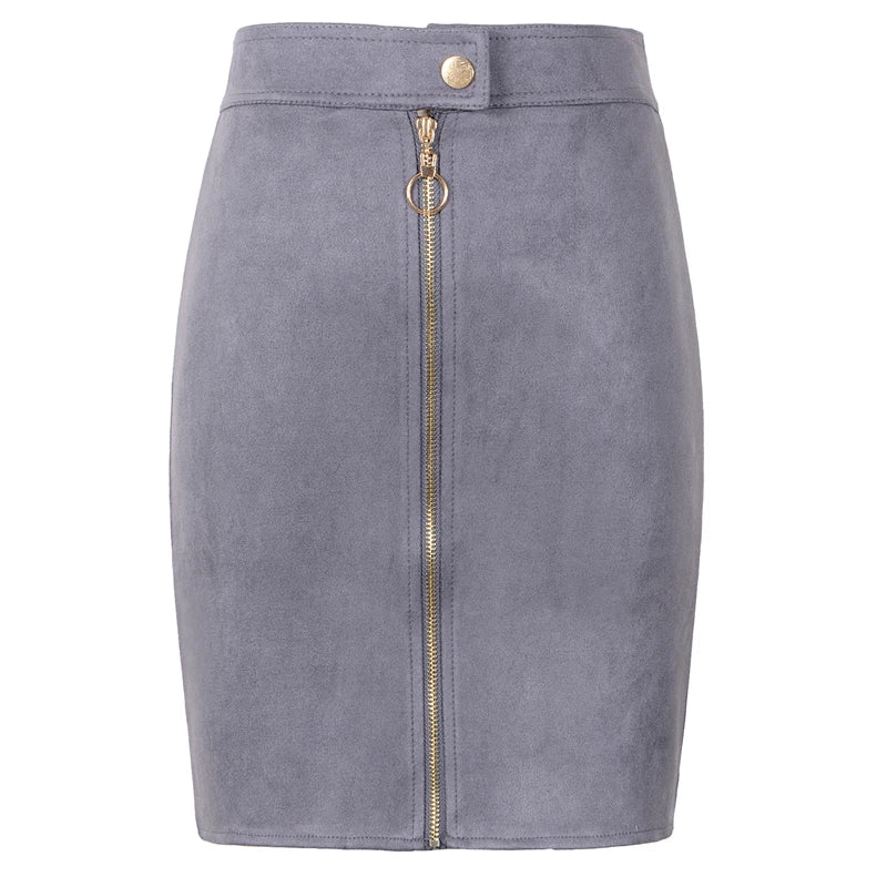 Suede Front Zipper Button Mini Pencil Skirts - Divawearfashion