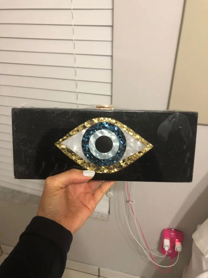 Solid Black Patchwork Glitter Evil Eye Acrylic Clutch - Divawearfashion