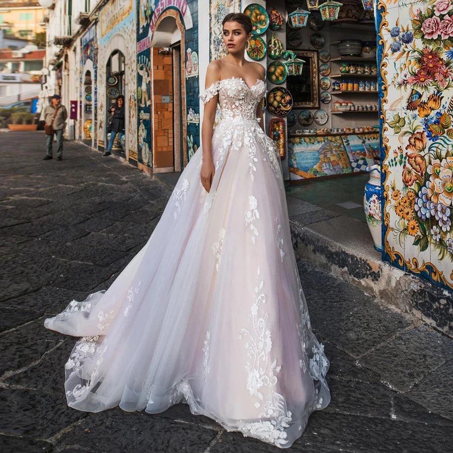 Illusion Tulle with Lace Appliques Off Shoulder Wedding Dress - Divawearfashion