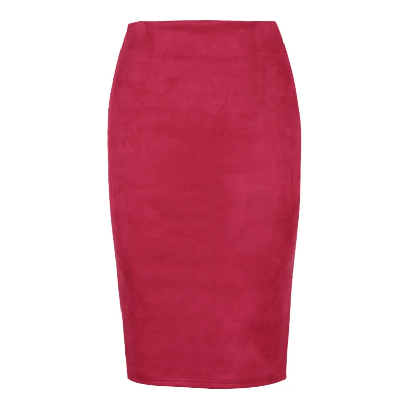 Suede Midi Pencil Skirt with Elastic High Waist