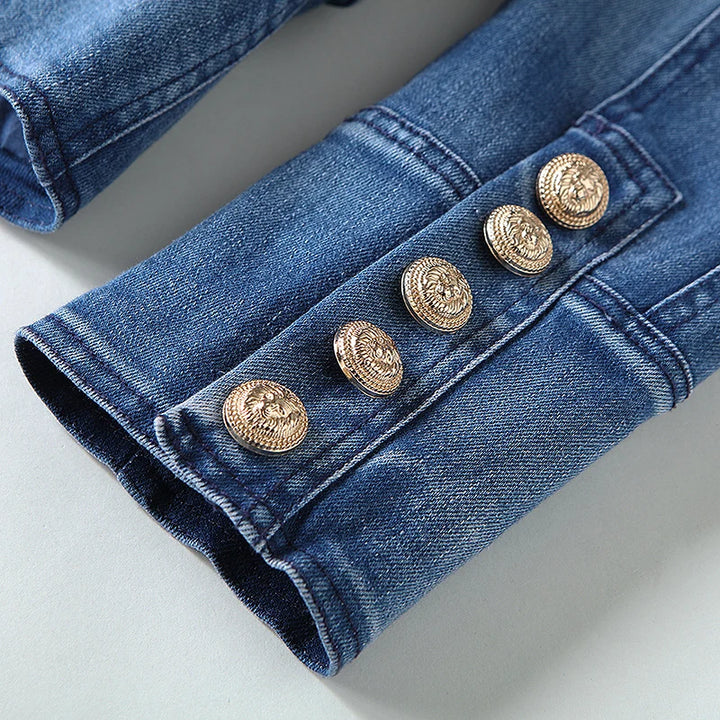 Metal Lion Buttons Double Breasted Denim Blazer - Divawearfashion