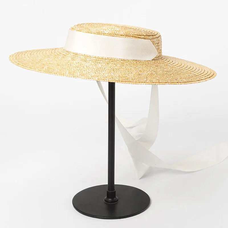 Wide Brim Boater Straw Hat with Tie Black Ribbon - Divawearfashion