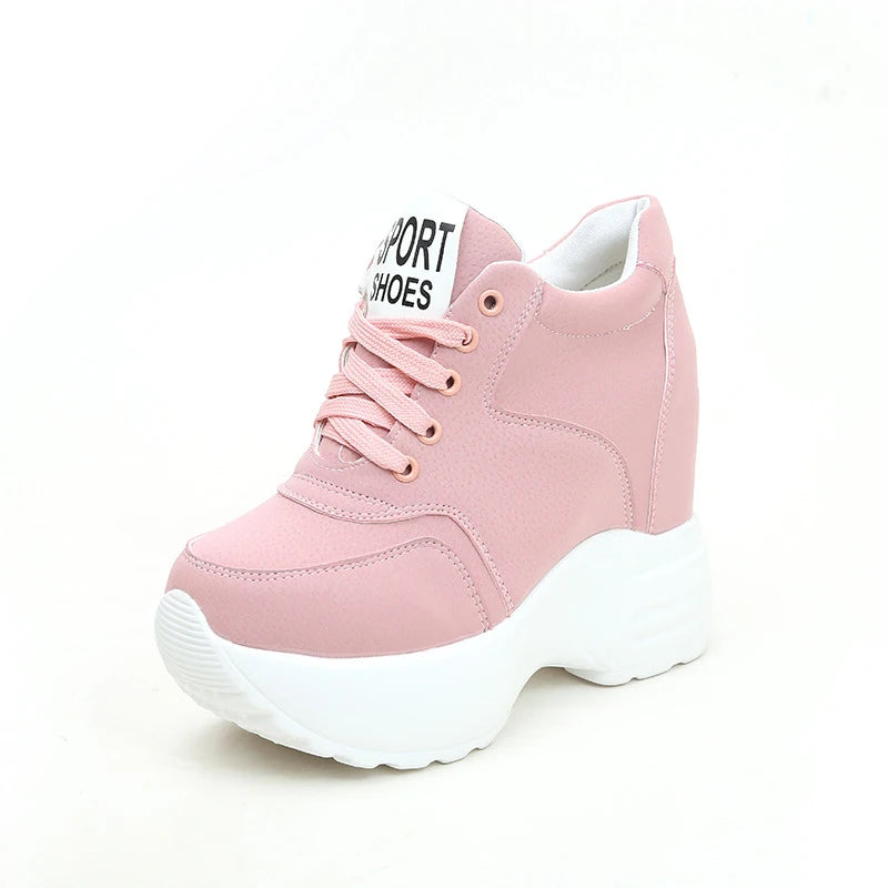 Women's Vulcanize Shoes PU Leather White/Black/Pink Sneakers For Woman Fashion High Heels Chunky Sneakers Female Platform Shoes - Divawearfashion