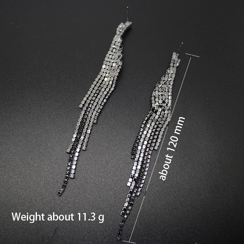 Black Crystal Tassel Drop Earrings - Divawearfashion