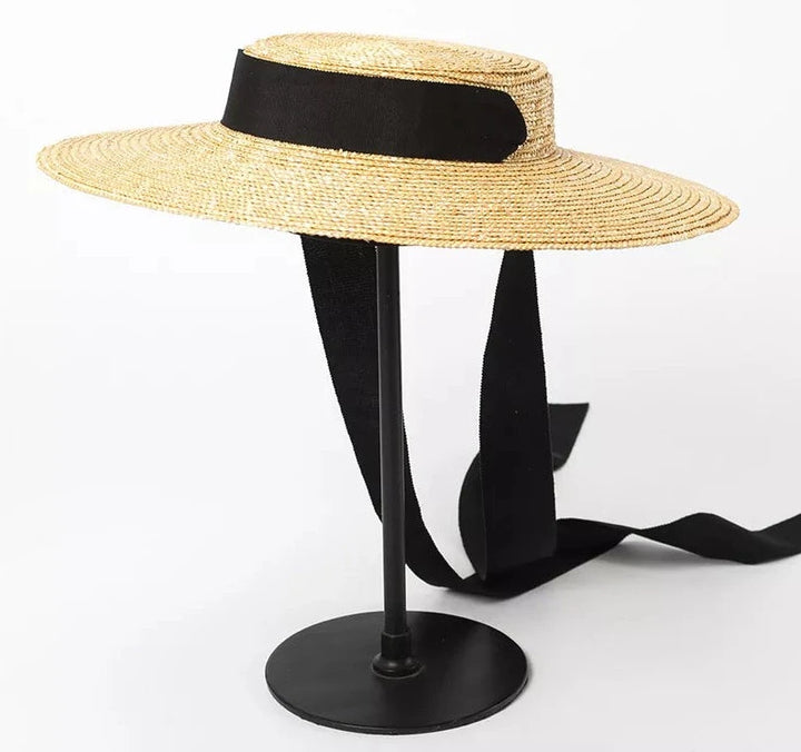 Wide Brim Boater Straw Hat with Tie Black Ribbon - Divawearfashion