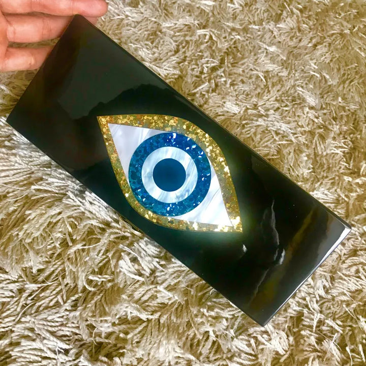 Solid Black Patchwork Glitter Evil Eye Acrylic Clutch - Divawearfashion