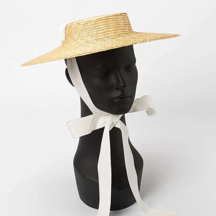 Wide Brim Boater Straw Hat with Tie Black Ribbon - Divawearfashion