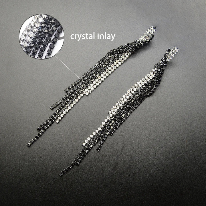 Black Crystal Tassel Drop Earrings - Divawearfashion
