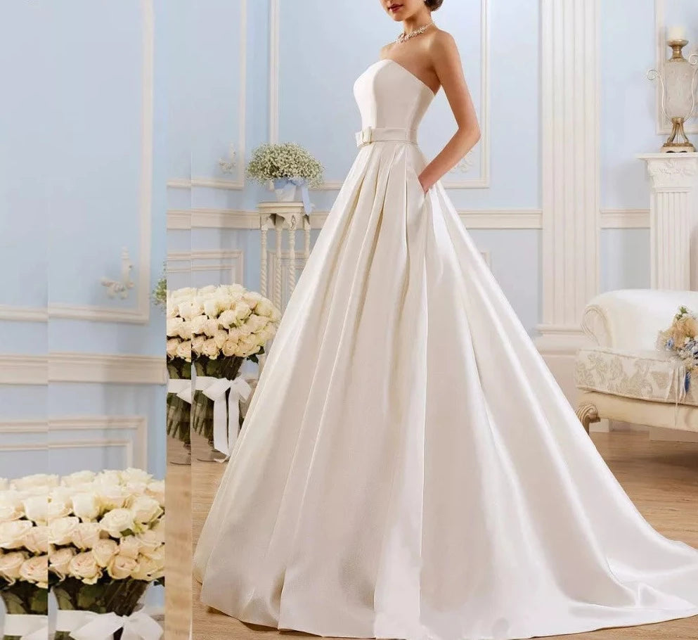 Vintage Pockets Bow Low Back Bridal Gown - Divawearfashion