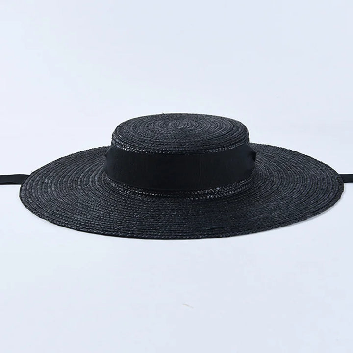 Wide Brim Boater Straw Hat with Tie Black Ribbon - Divawearfashion