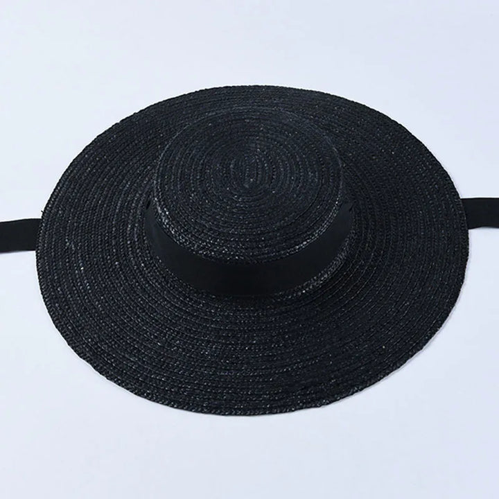 Wide Brim Boater Straw Hat with Tie Black Ribbon - Divawearfashion