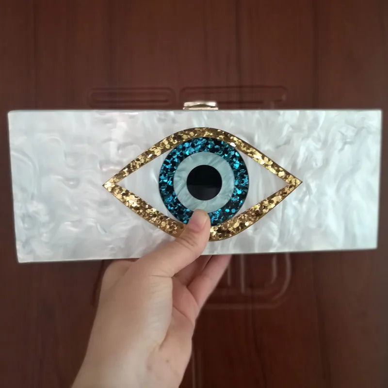 Solid Black Patchwork Glitter Evil Eye Acrylic Clutch - Divawearfashion