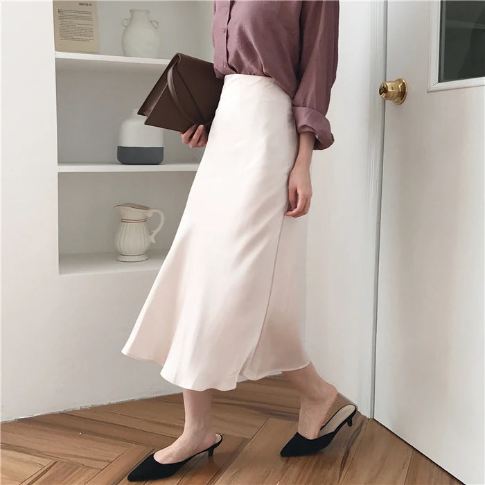 High Waist Long Silk Satin Skirt - Divawearfashion
