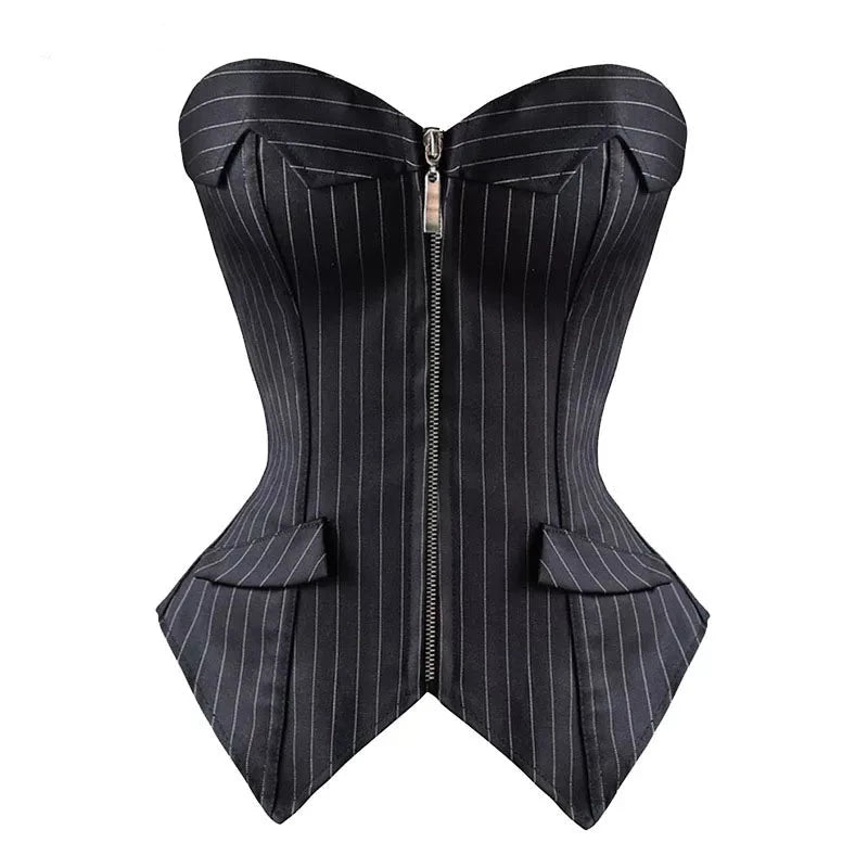 Black Striped Over-Bust Corset - Divawearfashion