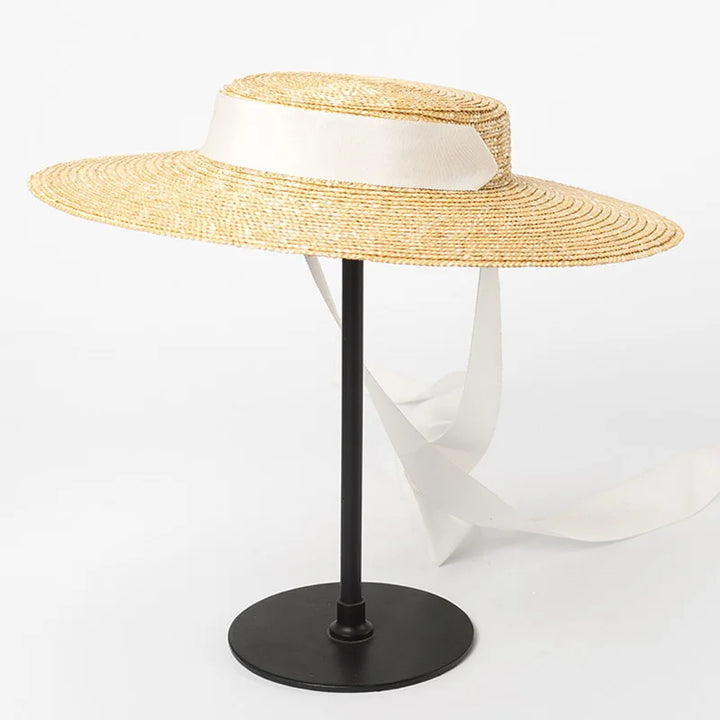 Wide Brim Boater Straw Hat with Tie Black Ribbon - Divawearfashion