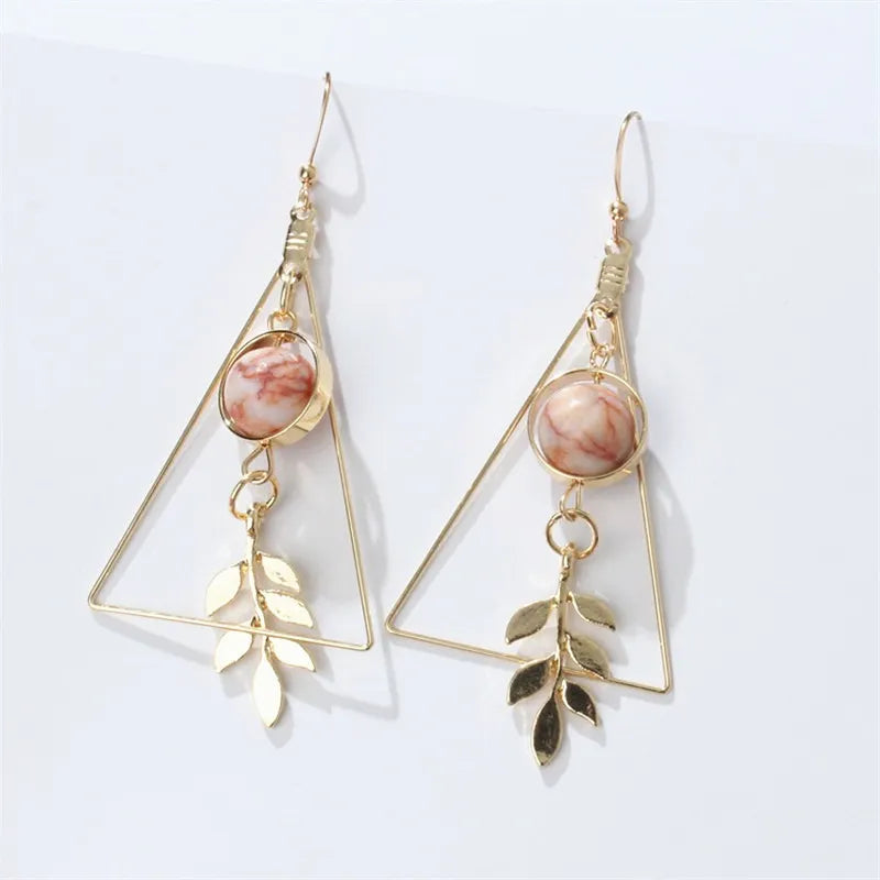 Hollow Out Triangle Marble Round Beads Leaf Earrings - Divawearfashion