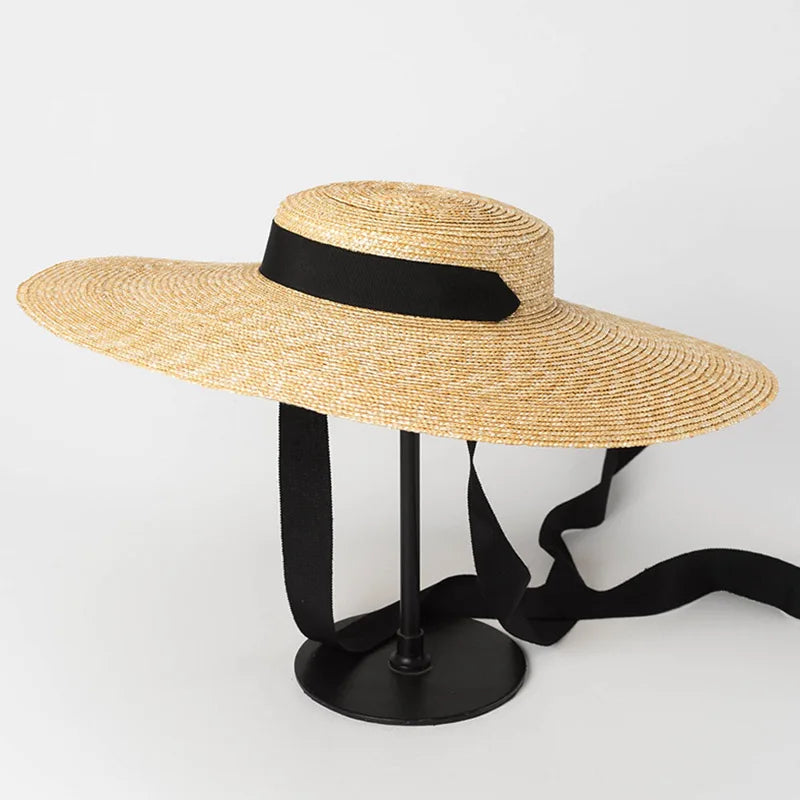 Wide Brim Boater Straw Hat with Tie Black Ribbon - Divawearfashion