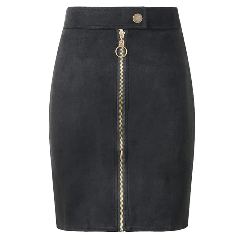 Suede Front Zipper Button Mini Pencil Skirts