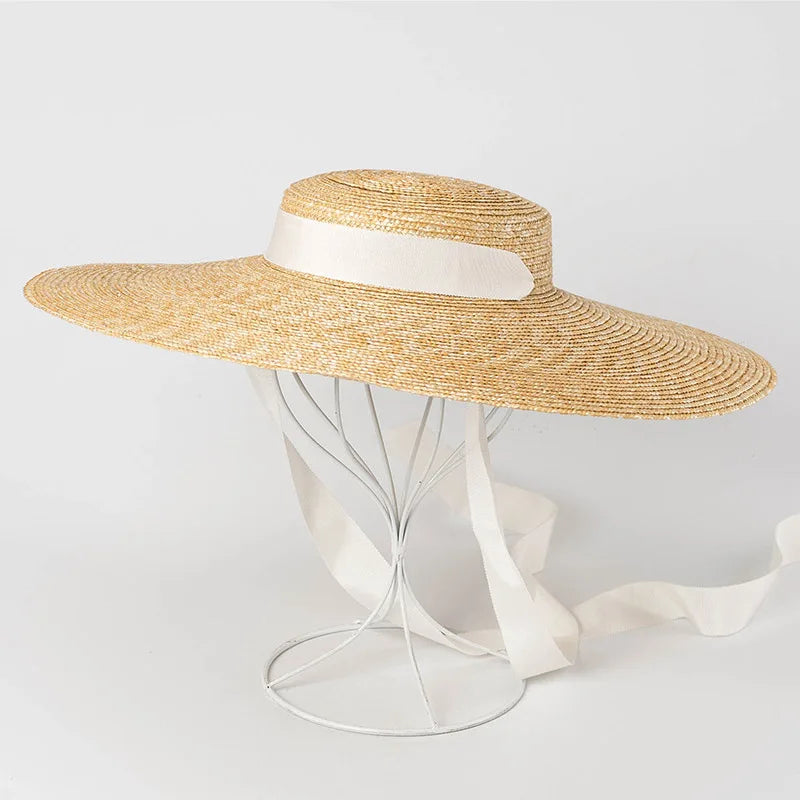 Wide Brim Boater Straw Hat with Tie Black Ribbon - Divawearfashion