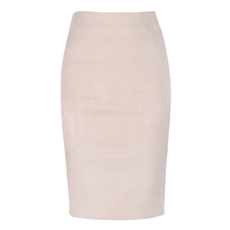 Suede Midi Pencil Skirt with Elastic High Waist