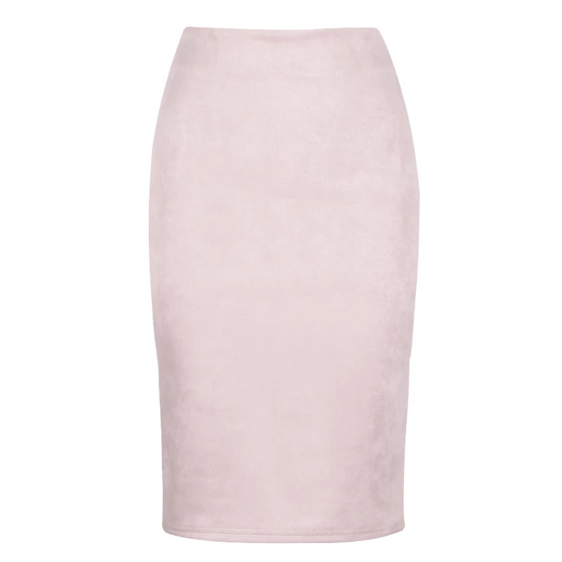 Suede Midi Pencil Skirt with Elastic High Waist