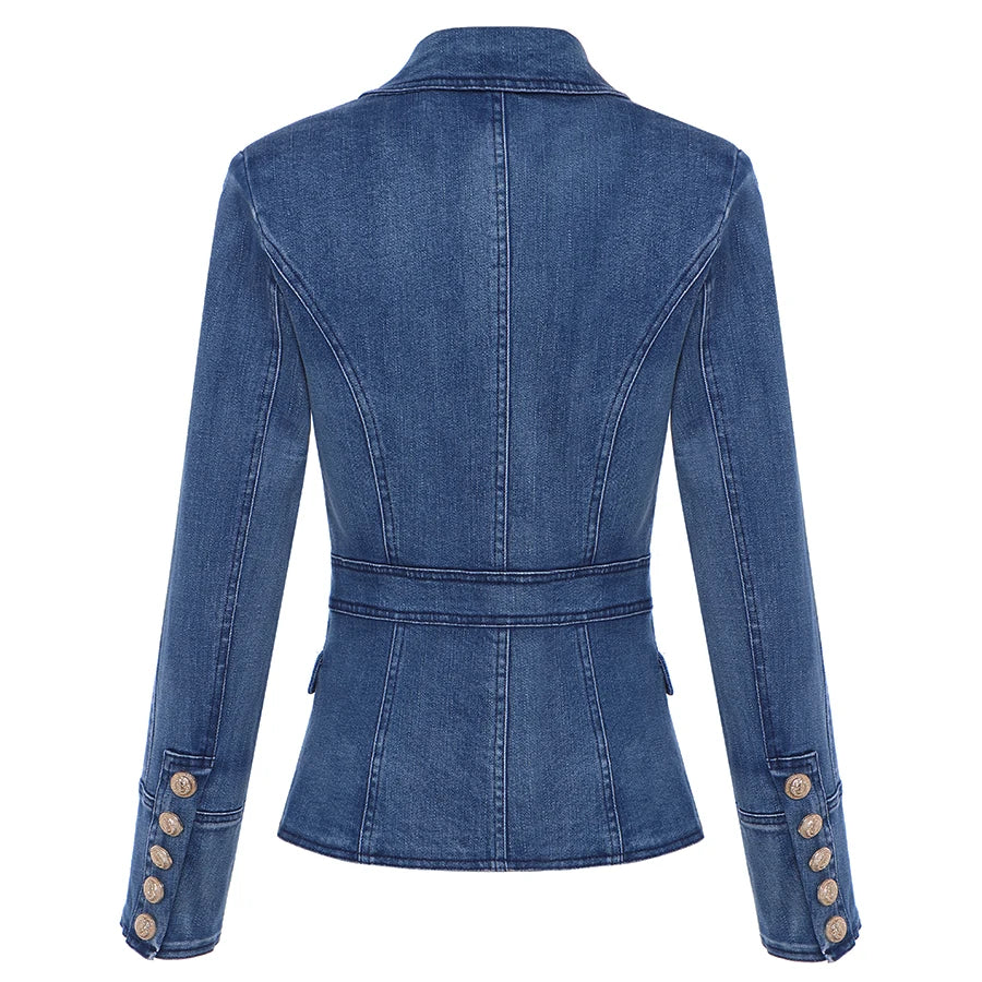 Metal Lion Buttons Double Breasted Denim Blazer - Divawearfashion